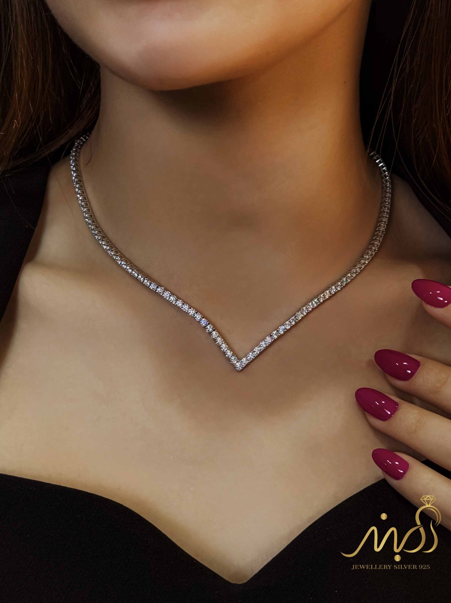 💍گردنبند جواهری  تنیسی جناقی،  نقره عیار ۹۲۵ (G_3314)